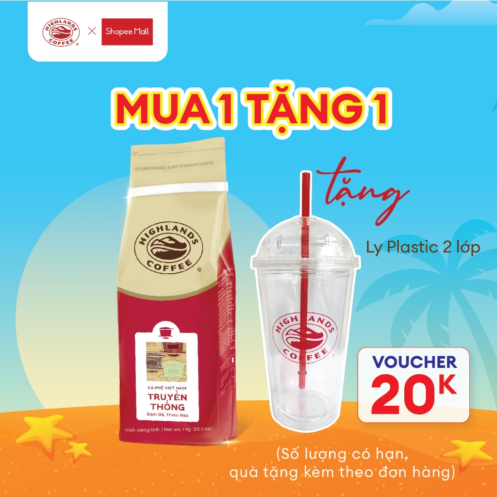 MUA 1 TẶNG 1 - Cà phê bột Truyền thống Highlands coffee 1kg Tặng 1 ly Plastic (quà tặng kèm theo đơn)