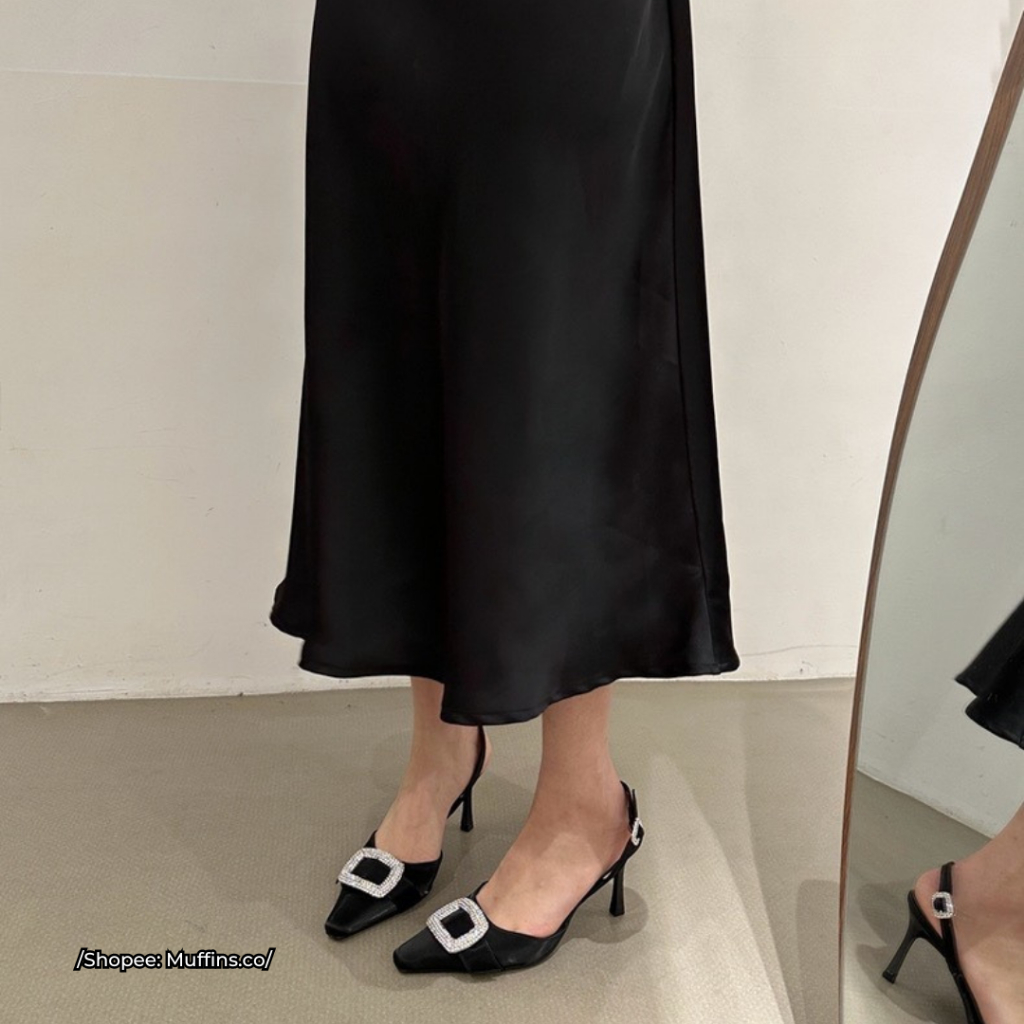 [SẴN HÀNG]  𝐌𝐮𝐟𝐟𝐢𝐧𝐬.𝐜𝐨🐧 Giày cao gót dáng Slingback đính đá hở gót quai điều chỉnh được TN