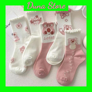 5 đôi tất gấu dâu cổ bèo lotso - tất cổ cao dày dặn