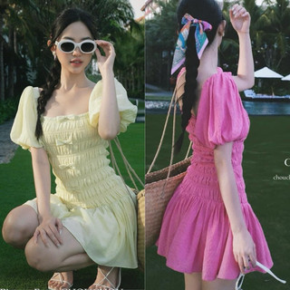Đầm Nhún Tôn Dáng Thiết Kế Tay Phồng Cổ Vuông Đính Nơ Dáng Đuôi Cá Xếp Ly Xòe Nàng Thơ Xinh Xắn YUNA68  D010