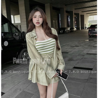 Set Bộ 3 Món Đi Biển Áo Thun Kẻ 2S Ôm Croptop Phối Áo Khoác Sơ Mi Tơ Mix Quần Sooc yuna68 Basic Set015