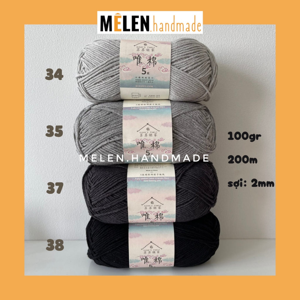 [ĐEN XÁM] Combo 4 cuộn len Susan 5 màu xám đen - Len Susan Family 5 100g sợi 2mm