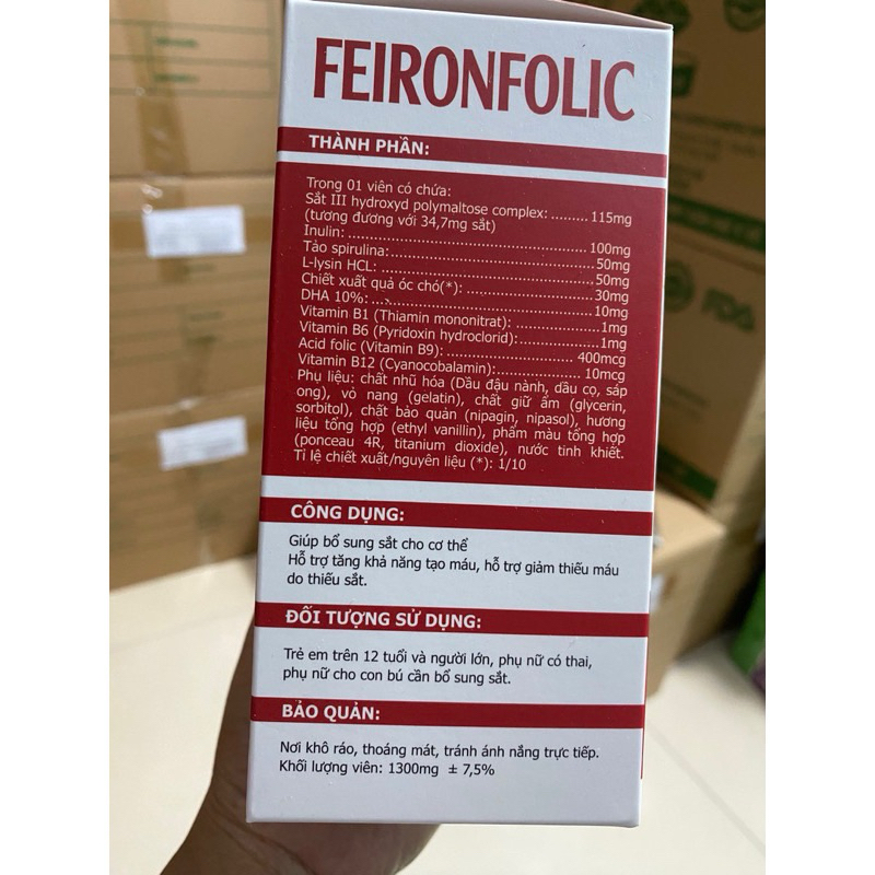 Viên Uống Bổ Máu Feironfolic Bổ Sung Sắt Hữu Cơ, Acid Folic, giảm tình trạng thiếu máu
