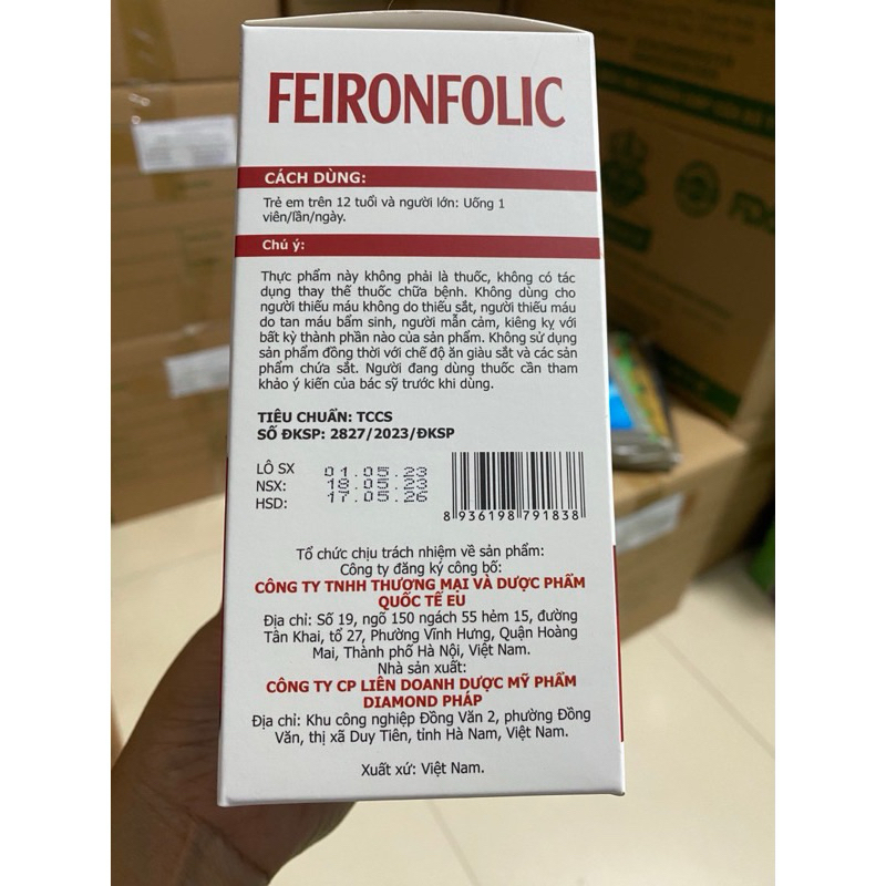 Viên Uống Bổ Máu Feironfolic Bổ Sung Sắt Hữu Cơ, Acid Folic, giảm tình trạng thiếu máu