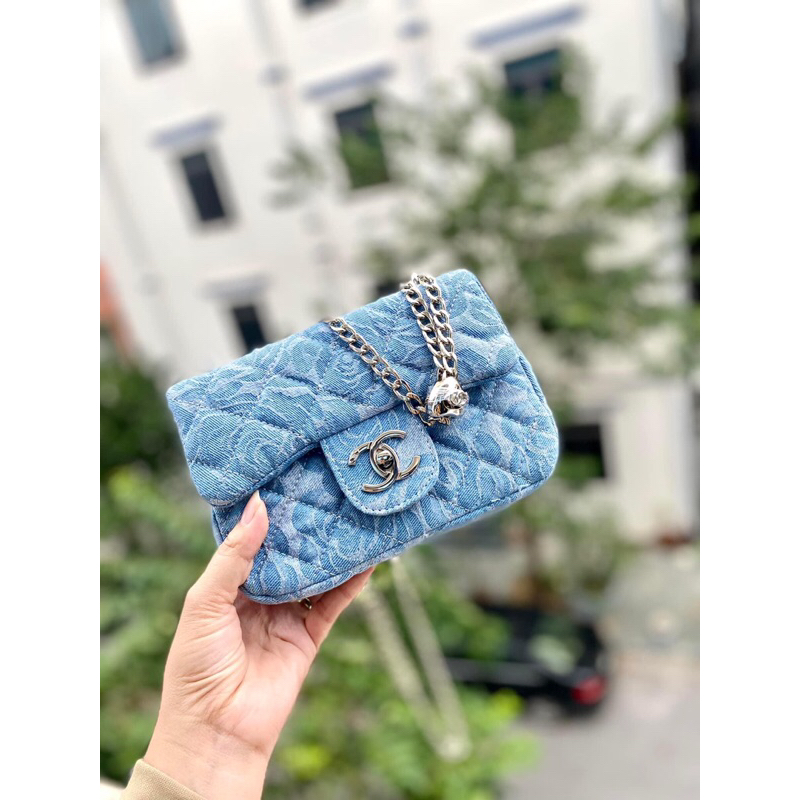 Túi xách nữ ,túi đeo chéo classic hoa trà xanh jean hoa trà