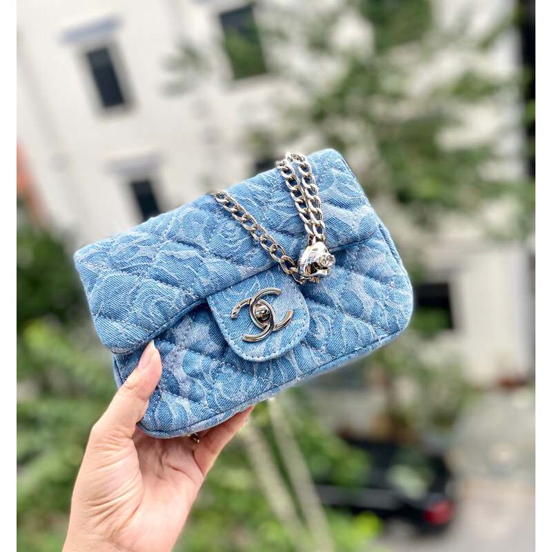 Túi xách nữ ,túi đeo chéo classic hoa trà xanh jean hoa trà