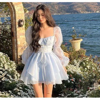 Đầm xoè tiểu thư rút eo tay dài phong cách retro