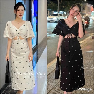 Đầm xốp hoa tay ngắn khoét eo rút dây ngực kiểu dáng trẻ trung sang chảnh