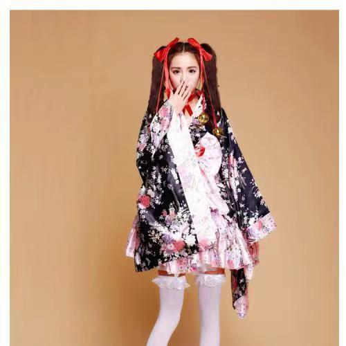 Lolita GokuRakuJoudo Anime Cosplay Costume Nhật Bản Plus Size Women Full Set Maid Sakura Print Sexy Kimono