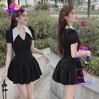 Váy cổ nhọn cúc bọc dáng ngắn có quần lót trong