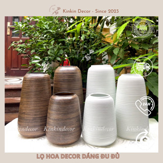 Lọ hoa decor vân ganh men mộc và trắng gốm sứ Bát Tràng - Đủ bộ 3 lọ dáng đu đủ