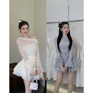 Set áo tơ lệch vai kèm chân váy bèo tầng đính hoa
