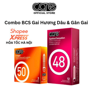 Combo bao cao su có gai gân mỏng nhiều gel kéo dài thời gian hương dâu CARE 48 hộp 12 và CARE 50 hộp 3 - bcs care