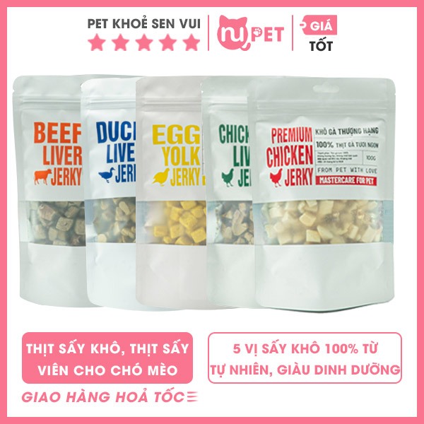 Thịt sấy viên, thức ăn sấy khô Master Care cho chó mèo gà, gan bò, lòng đỏ, gan gà sấy - Bịch 90g