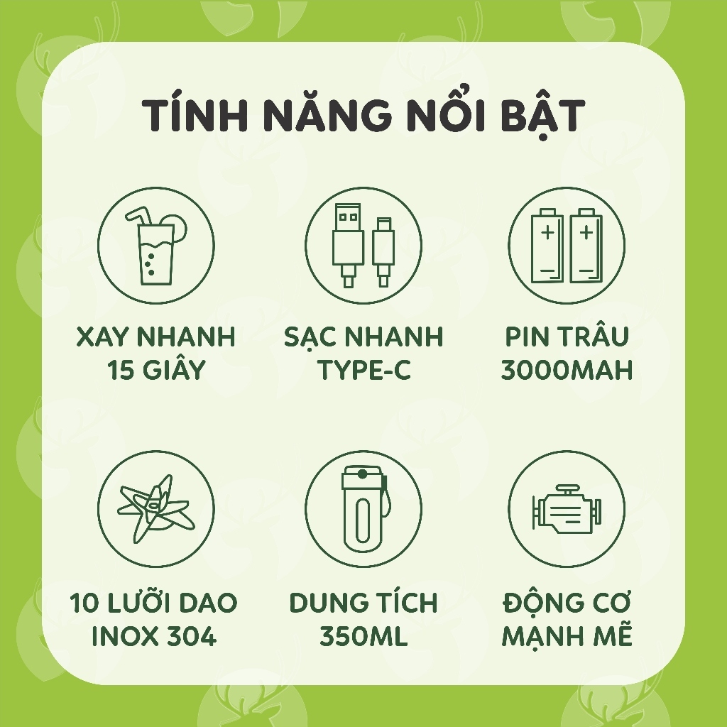 Máy Xay Sinh Tố Mini CEOOL 10 Lưỡi, Máy Xay Cầm Tay Đa Năng 340ml, Xay Được Đá Bảo Hành 12 Tháng