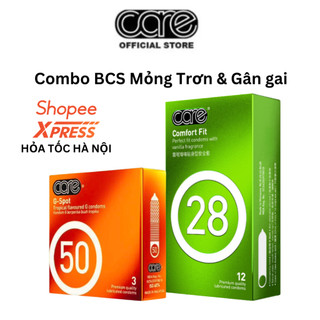 Combo bao cao su mỏng tăng cường gel bôi trơn kéo dài thời gian CARE 28 hộp 12 và bcs gân gai CARE 50 hộp 3 cao cấp