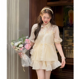 Mimiset set áo kiểu chất voan tơ mềm hai lớp dáng babydoll đính nơ kèm chân váy xoè tiểu thư  cách điệu Dilyshop