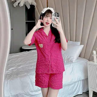 Đồ ngủ bộ mặc nhà pijama Nữ đùi cộc chất vải thô kẻ caro mềm nhẹ mát