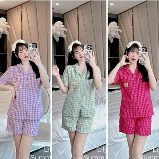 Đồ ngủ bộ mặc nhà pijama Nữ đùi cộc chất vải thô kẻ caro mềm nhẹ mát