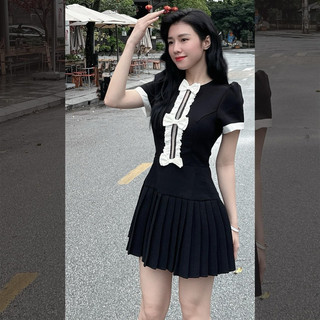 Váy nữ thiết kế phối nơ bèo tay ngắn , Đầm tiểu thư đuôi dập ly cao cấp phong cách tiểu thư [HÀNG LOẠI 1]