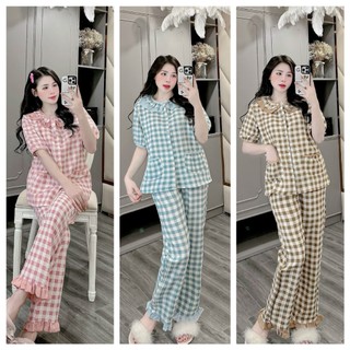 Bộ pizama đũi kẻ cổ bèo siêu xinh