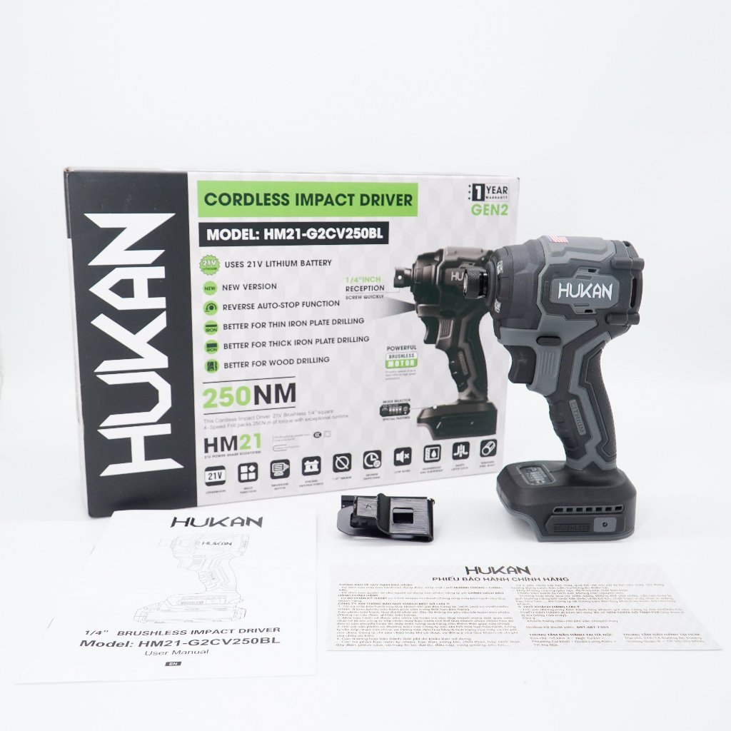 Chuyên Vít Hukan 250N.m - Thân máy bắn vít pin 21V Hukan HM21-G2CV250BL Brushless/chân phổ thông