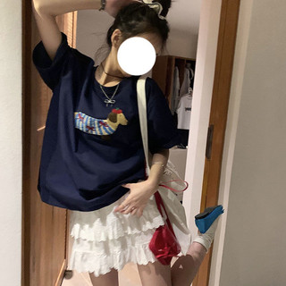 [100% cotton nguyên chất] Áo thun phong cách mùa hè Hàn Quốc dễ thương cổ điển chó dachshund thêu rộng cổ tròn tay ngắn