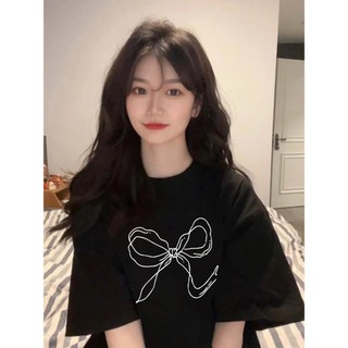 Focus local brand Đen 2024 áo phông nữ form rộng nơ logo in ấn cổ tròn oversize áo thun 100%cotton