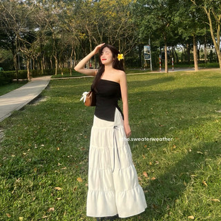 Chân váy dài 5 tầng đính nơ cạp chun dáng xoè Lumii