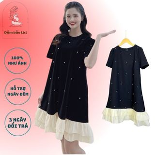 Đầm bầu lici, Váy bầu dáng suông đuôi cá tơ đen phối trắng, đầm bầu xinh đín ngọc chất mềm mịn