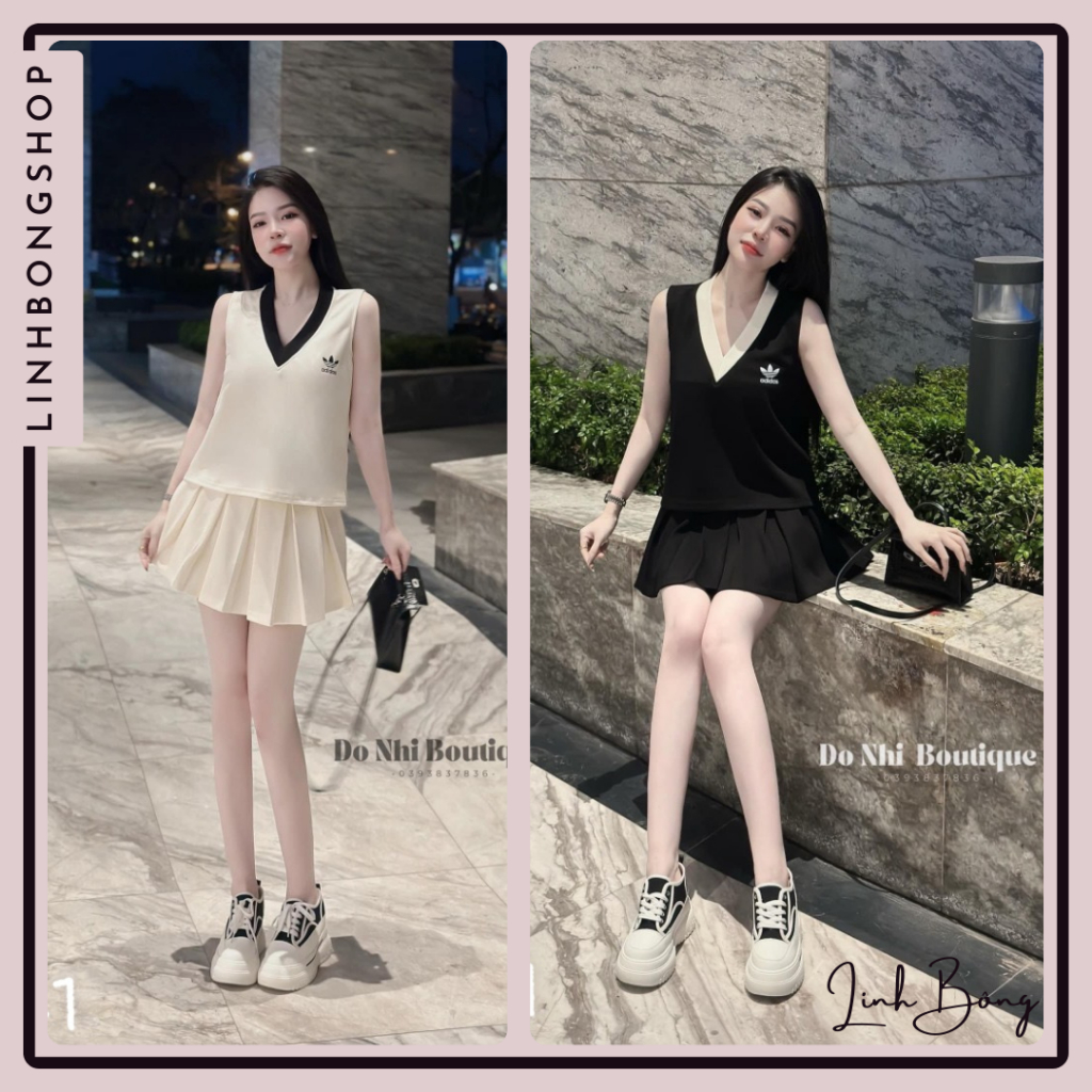 Set Bộ Nữ, Bộ Đồ Nữ Adidas Gồm Áo Sát Nách Nữ Cổ Tim Phối Kèm Chân Váy Xếp Ly Chất Liệu Umi Xốp.