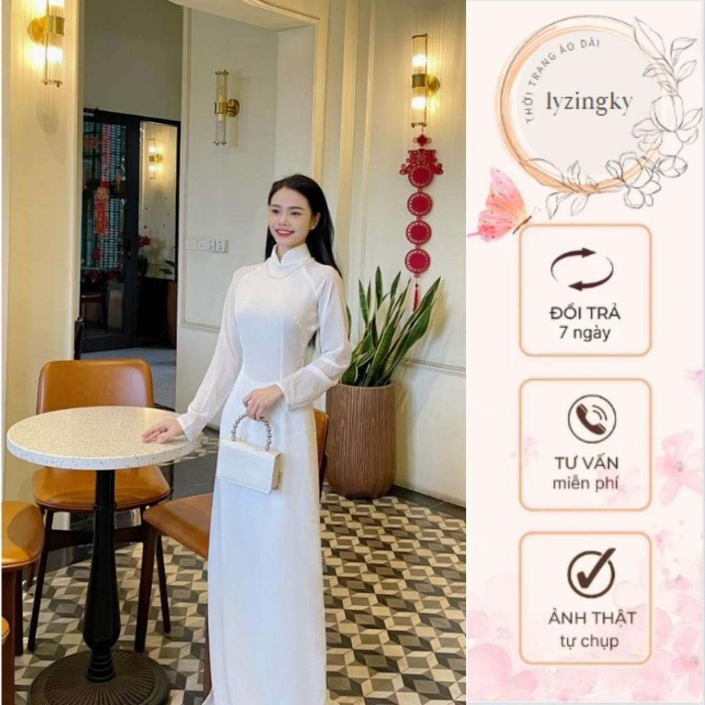 Áo dài Màu Trắng Chất Liệu Chiffon 2 Lớp Mềm Mịn Dùng Đi Tiệc, Đi Chụp Ảnh, Lễ Tết Kiểu Truyền Thống