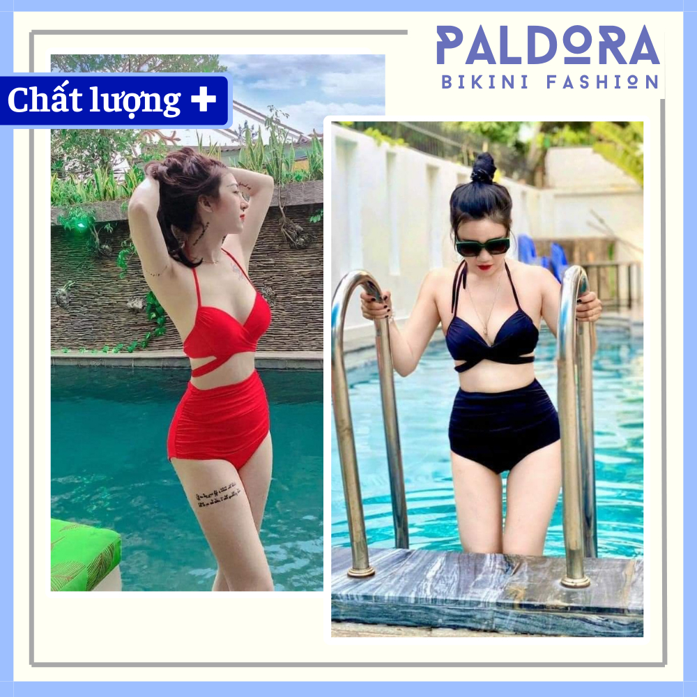 Bikini hai mảnh đồ bơi nữ đi biển áo gọng mút dày dây buộc chéo quần nhún lưng cao che bụng PALDORA001