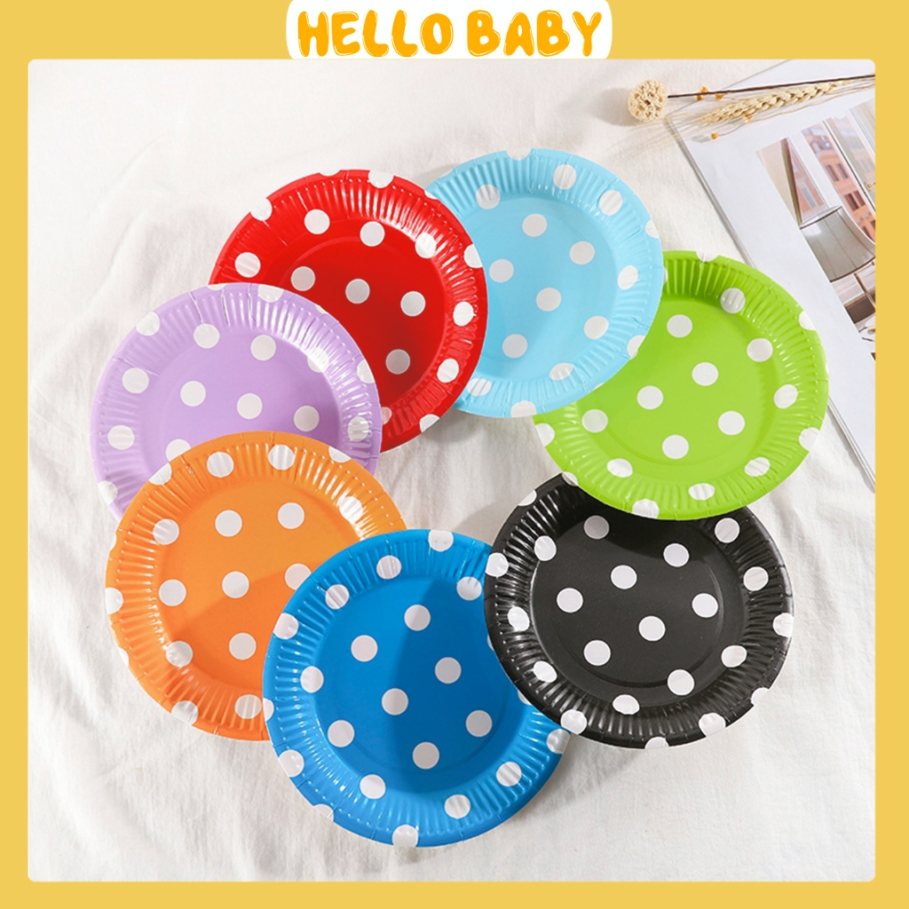 Set 10 đĩa giấy chấm bi trang trí, phục vụ sinh nhật, tiệc (18cm)