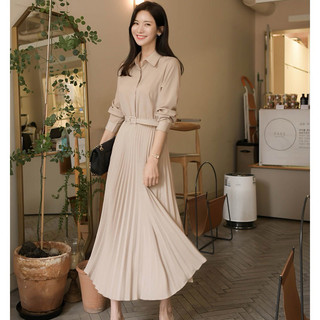 Váy sơ mi maxi dài tay chân váy xếp ly tặng kèm đai thắt eo, Đầm sơ mi dài xếp ly nhỏ Order Quảng Châu