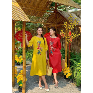 Đầm Cộc Tay Chất Vải LiNen Tưng Premium Mềm Mát Loại 1, Cổ Đức Phối Thêu Hoa Nẹp Pha Cao Cấp Sang Trọng