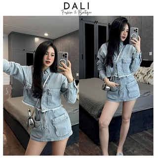 Set Bộ Áo Jean Bò Dáng Croptop Rua Gấu + Quần Giả Váy Túi Hộp Sang Chảnh