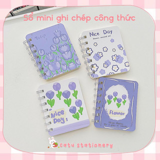 Sổ tay mini kích thước A7 giấy kẻ ngang 160 trang để viết công thức hoạ tiết hoa tulip tím