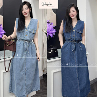 Váy bò denim sát nách cổ V dáng dài kèm đai dây hàng QCL1