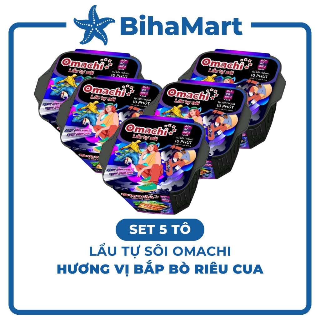 [SET 5 HỘP] - MASAN - Mì hộp Omachi lẩu tự sôi hương vị bắp bò riêu cua (299g/hộp) - Mì lẩu tự sôi ăn liền Omachi