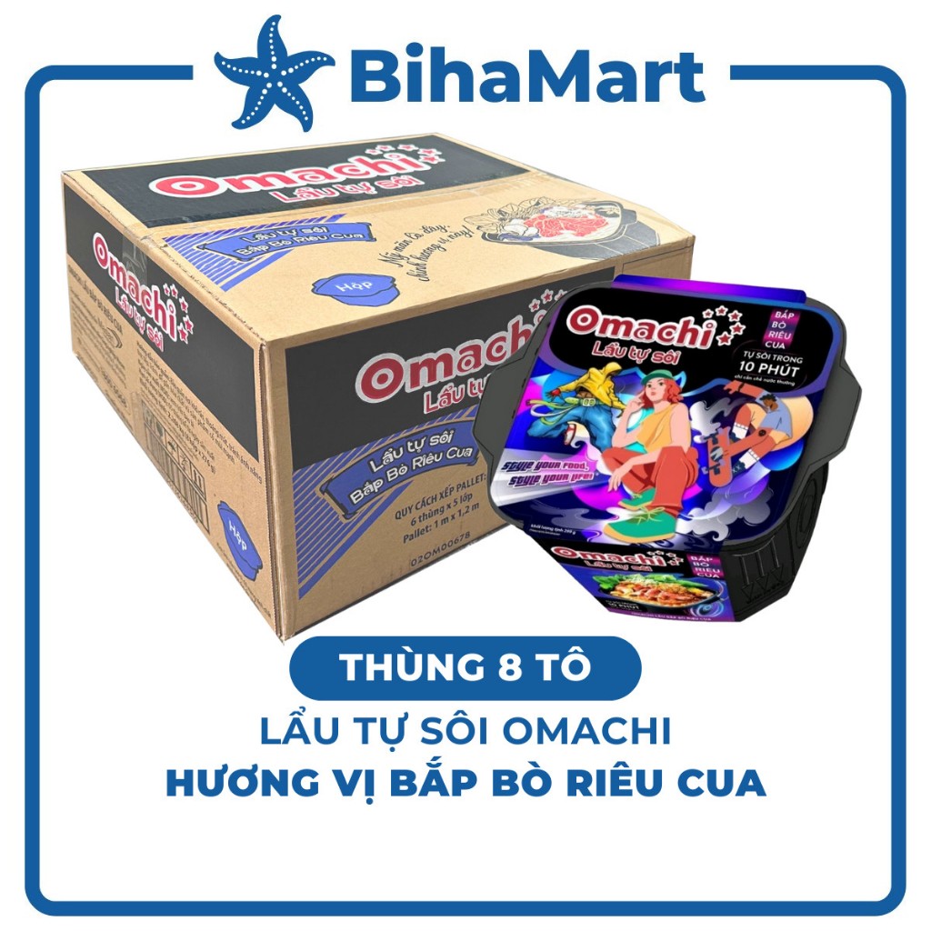 [THÙNG 8 HỘP] - MASAN - Mì hộp Omachi lẩu tự sôi hương vị bắp bò riêu cua (299g/hộp) - Mì lẩu tự sôi ăn liền Omachi