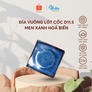 Đĩa vuông lót ly men xanh hoả biến d11.5 - đĩa vuông để cốc men xanh hoả biến cực đẹp - gốm sứ cao cấp bát tràng