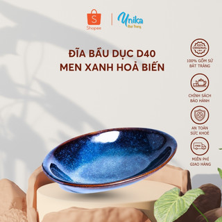 Đĩa Bầu Dục 40x26 Men Xanh Hoả Biến - Đĩa Bầu Dục Lớn 40x20 - Gốm Sứ Cao Cấp Bát Tràng