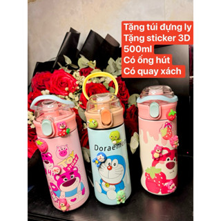 Bình giữ nhiệt cho bé đi học 500ml, bình uống nước cho trẻ em dễ thương có ống hút