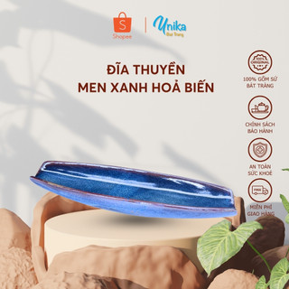 Đĩa thuyền men xanh hoả biến - gốm sứ bát tràng