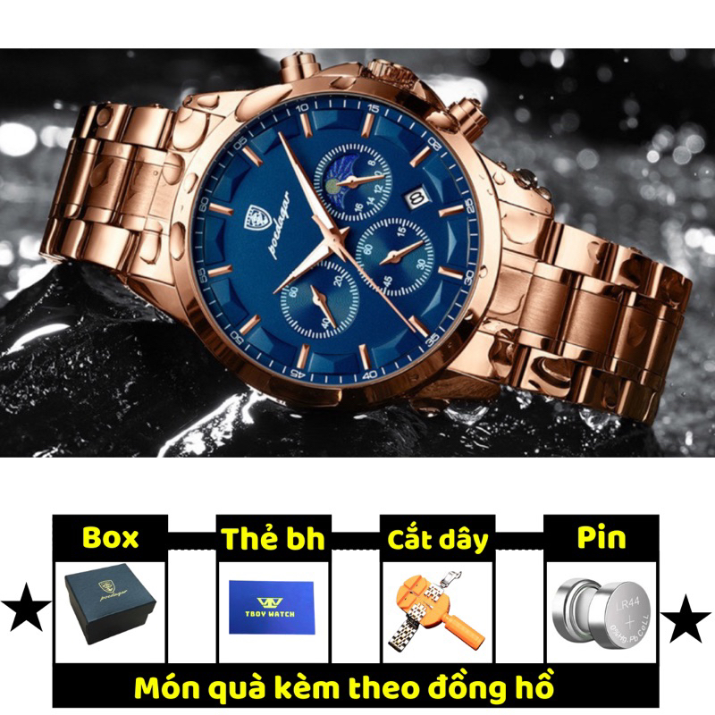 Đồng hồ nam Poedagar 928 Chính Hãng 6 Kim cao cấp dây kim loại vàng sang trọng kim dạ quang phát sáng | BigBuy360 - bigbuy360.vn