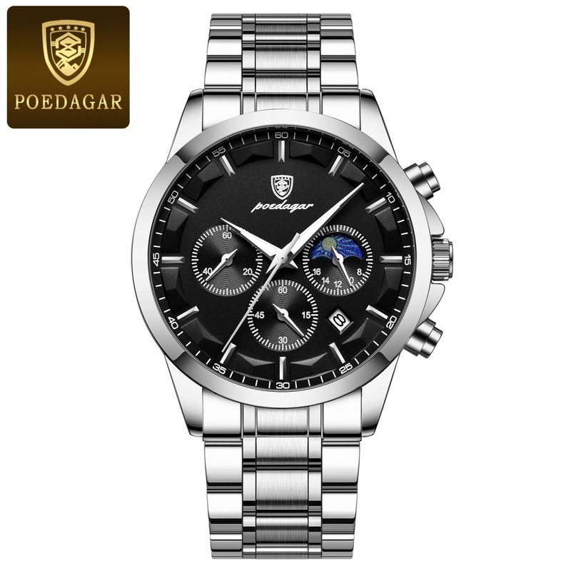 Đồng hồ nam Poedagar 928 Chính Hãng 6 Kim cao cấp dây kim loại vàng sang trọng kim dạ quang phát sáng | BigBuy360 - bigbuy360.vn