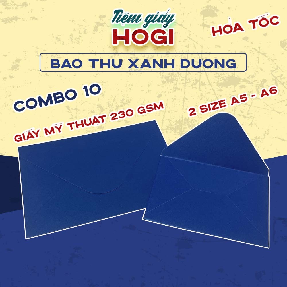10 bao thư giấy mỹ thuật xanh dương HOGI, phong bì giấy dày 230gsm kích thước a6 a5