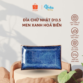 Đĩa chữ nhật 13.5x7.5cm men xanh hoả biến - đĩa chữ nhật gốm siêu đẹp