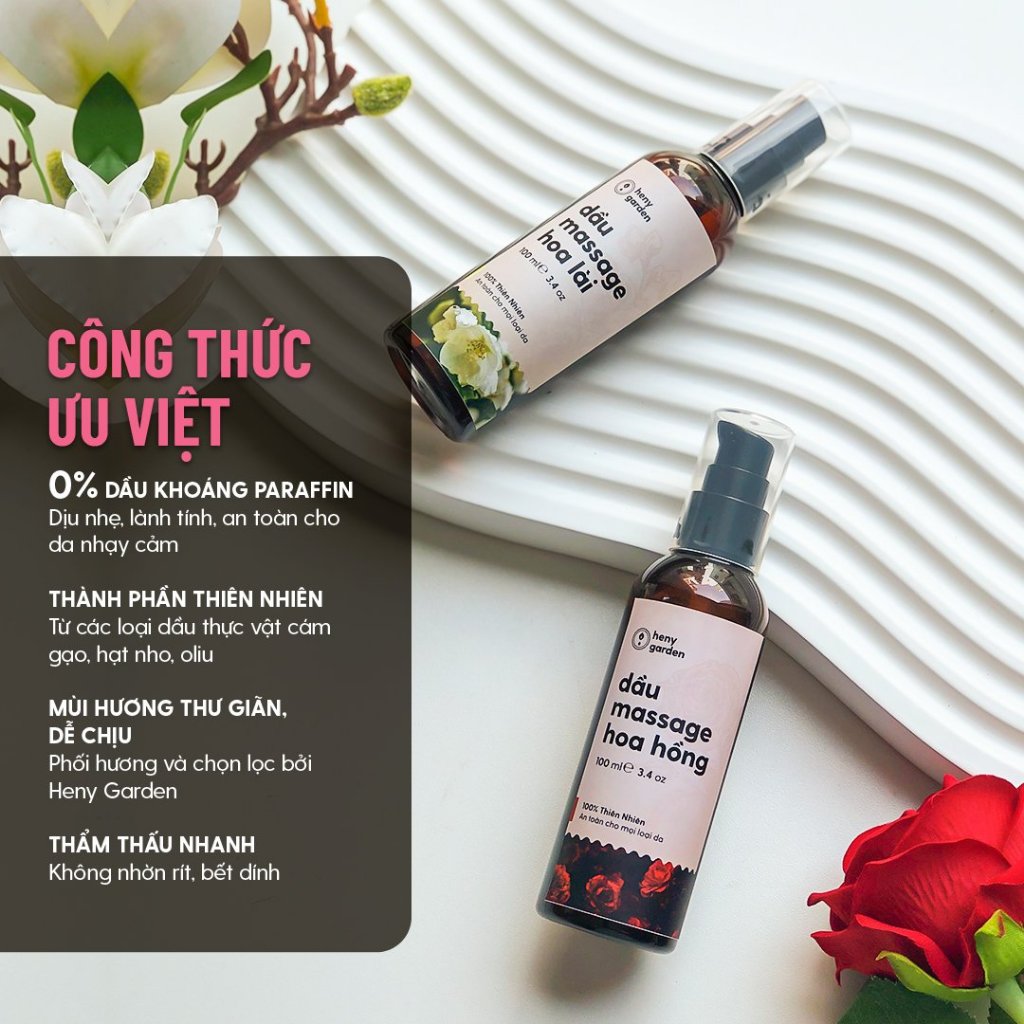 Dầu Massage Body Hương Hoa Hồng HENY GARDEN, Dưỡng Da Từ Dầu Mát Xa Hạt Nho, Olive và Cám Gạo
